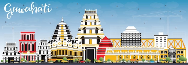 Vettore orizzonte della città di guwahati india con edifici di colore e cielo blu. illustrazione di vettore. viaggi d'affari e concetto di turismo con architettura storica. paesaggio urbano di guwahati con punti di riferimento.