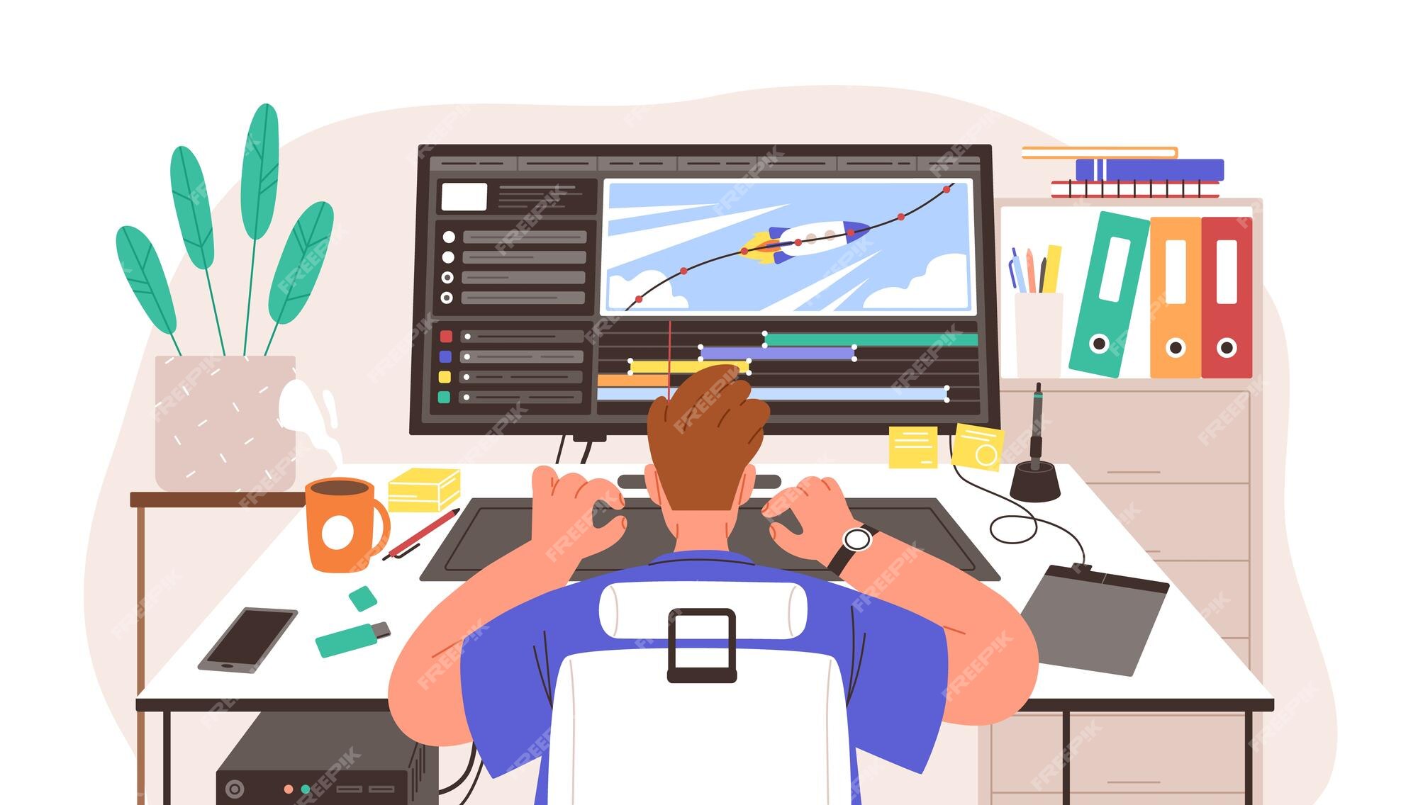 Premium Vector | Guy animator at creation project process vector illustration. male motion designer working on computer. freelancer graphic creator at workplace. back view man learn at online animation editor course. Premium Vector | Guy animator at creation project process vector illustration. male motion designer working on computer. freelancer graphic creator at workplace. back view man learn at online animation editor course.