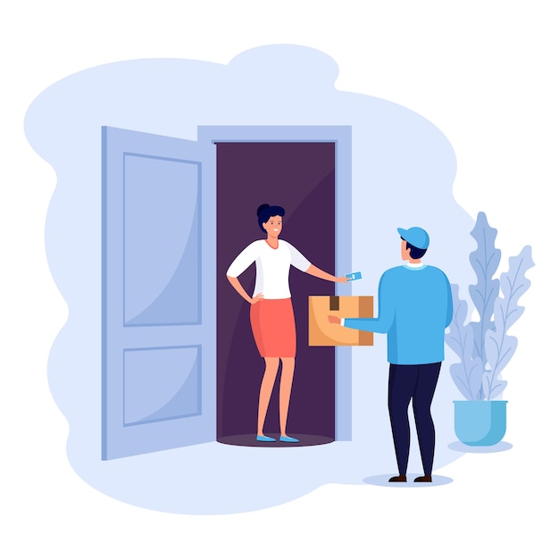 Guy delivers parcel to home door. fast delivery service. woman receives order cardboard box from the courier. express shipping. vectoor cartoon design