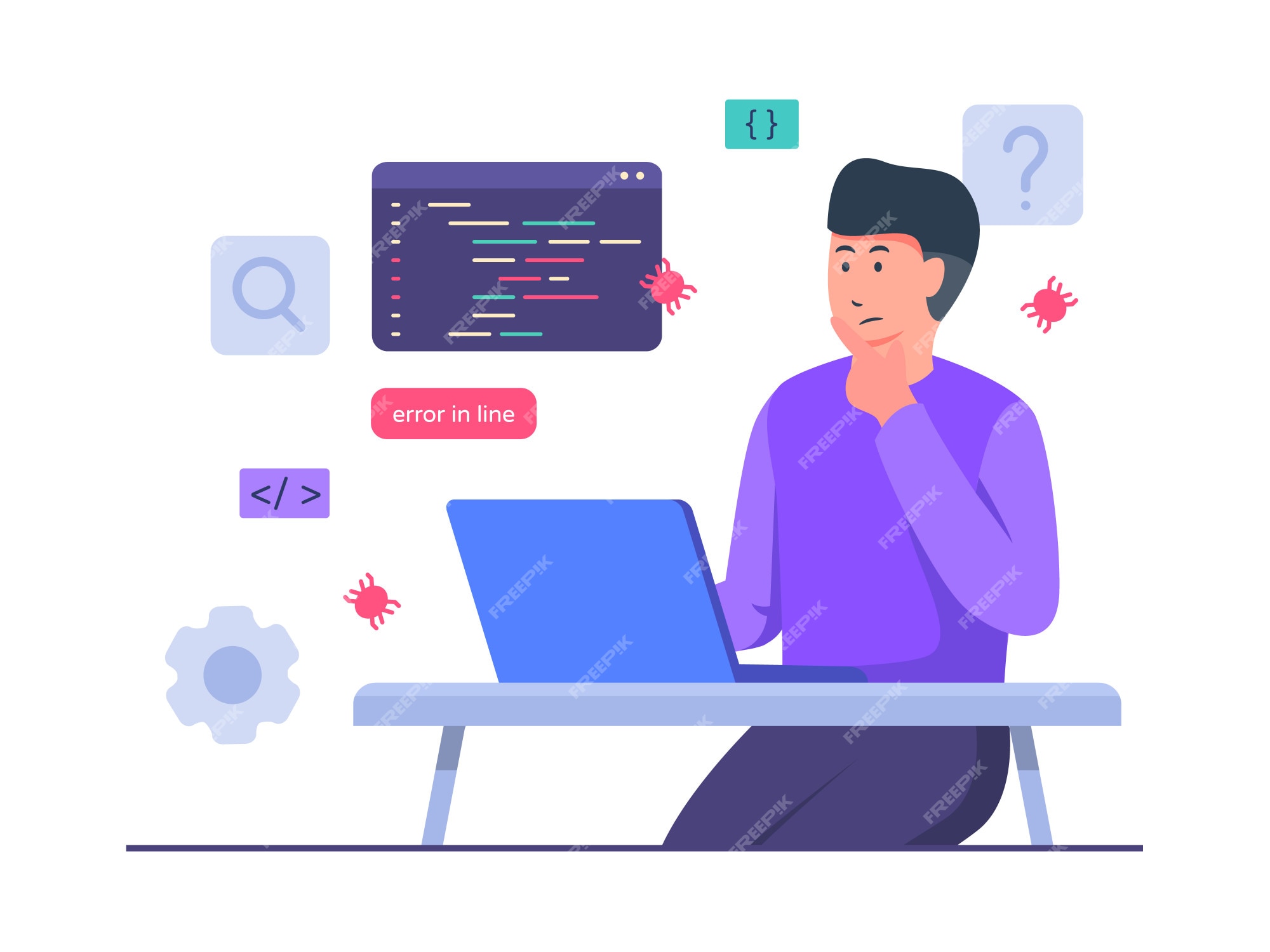 Premium Vector | Guy developer character thinking work on laptop create debugging code with flat cartoon style. Premium Vector | Guy developer character thinking work on laptop create debugging code with flat cartoon style.