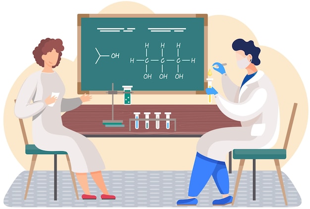 Guy drips from pipette into a test tube female character with cards in her hands chemical formulas on the board on the background chemistry class chemical research man works with equipment