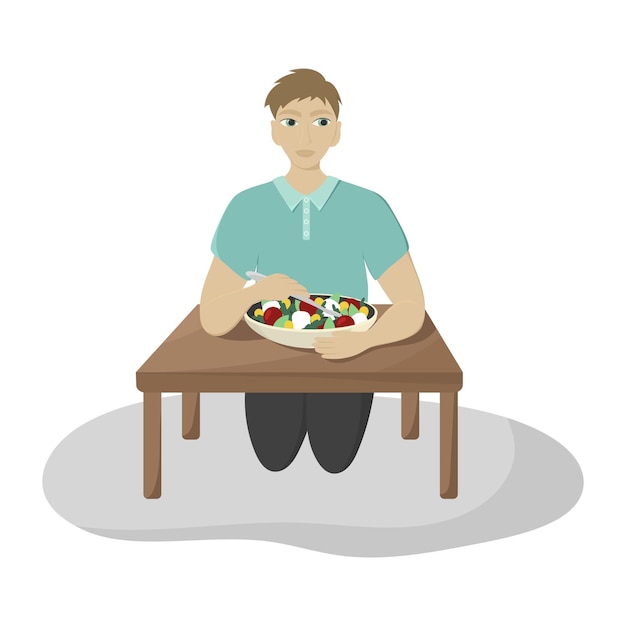 Guy eating salad white background Small table Food Healthy Lifestyle Vector illustration Flat