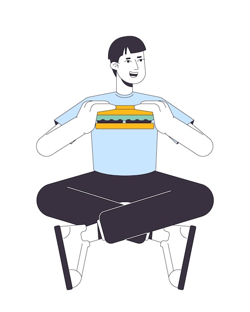 Вектор Парень ест бутерброд в скрещенных ногах, плоская линия, цветовой векторный характер