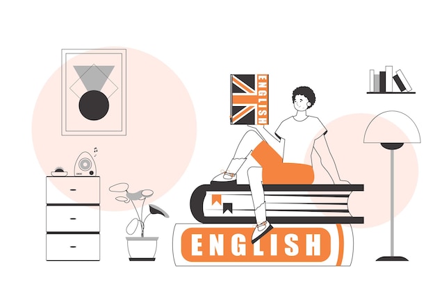 Vector guy english teacher the concept of learning a foreign language linear trendy style