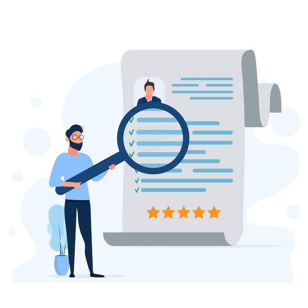 a guy examines a resume under a magnifying glass. vacant place. the concept of finding workers and open vacancies. isolated. .