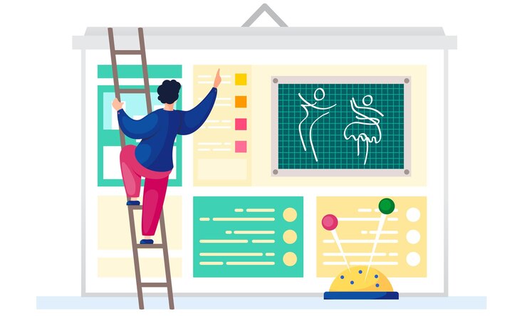 Vector the guy explains the plan for sewing clothes man standing on the ladder and pointing to the text and personal details of the customer on the background blackboard depicting future designer clothes