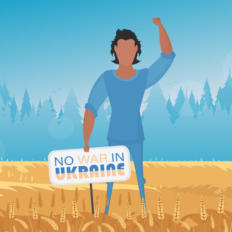 वेक्टर the guy in full growth holds a poster with the inscription no to war in ukraine rural landscape with wheat field and blue sky in the background vector illustration