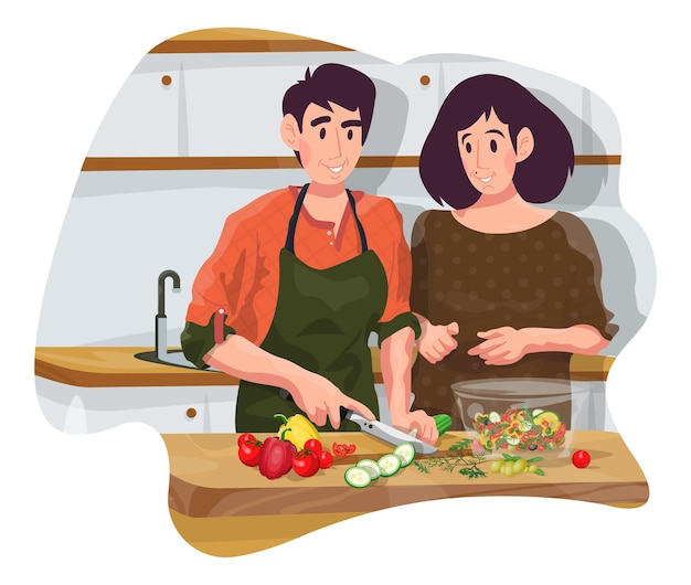 그 남자와 여자는 요리를 하고 있습니다. 젊은 부부와 함께 다채로운 상세한 그림입니다. 한 쌍의 사랑 이야기.