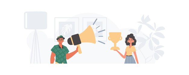 그 남자와 여자는 디지털 마케팅 팀 최신 유행 스타일 벡터 일러스트레이션입니다