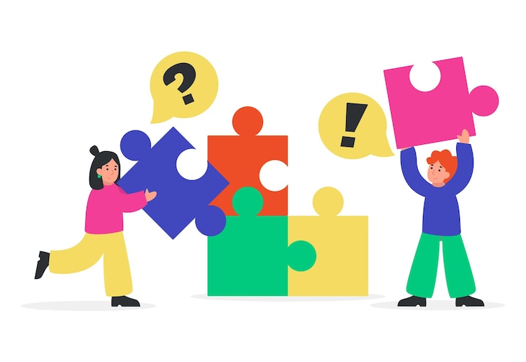 Vector guy and girl are holding puzzles and looking for the right one. question mark and exclamation mark.