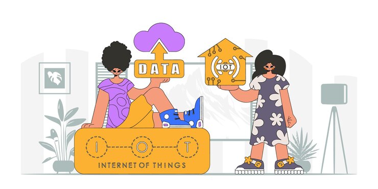 Vector guy and girl are partners in iot, depicted modernly in vector art.