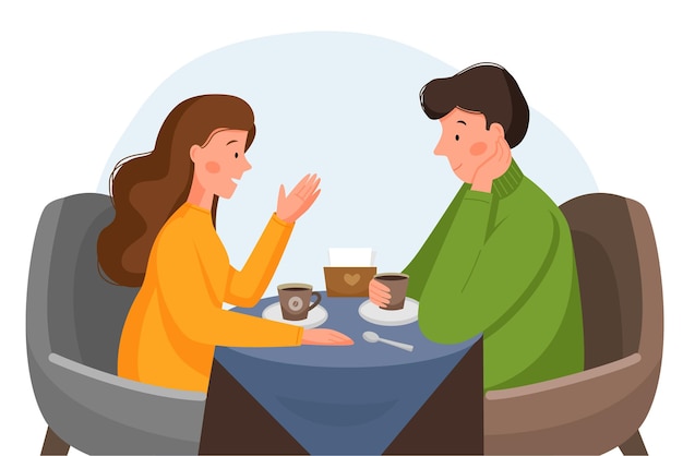 A guy and a girl are sitting in a cafe drinking coffee and talking man and woman in a cafe