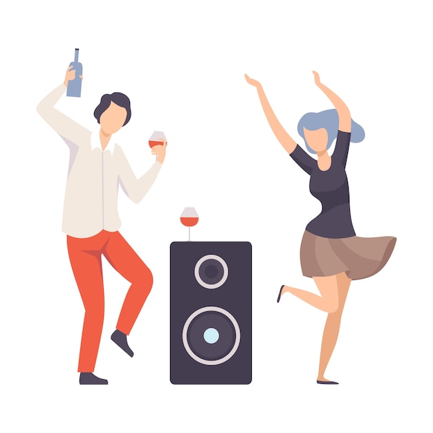 Vettore ragazzo e ragazza che ballano con bevande e un oratore musicale a una festa o a una discoteca