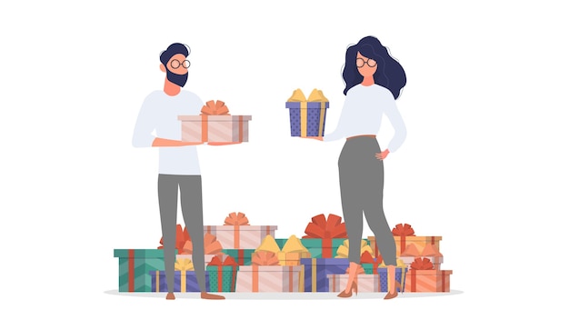 The guy and the girl give each other gifts. Holiday concept. Vector.