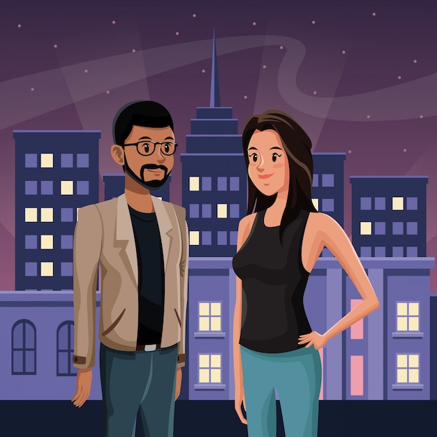 Vector guy and girl in town - night city buildings with stars