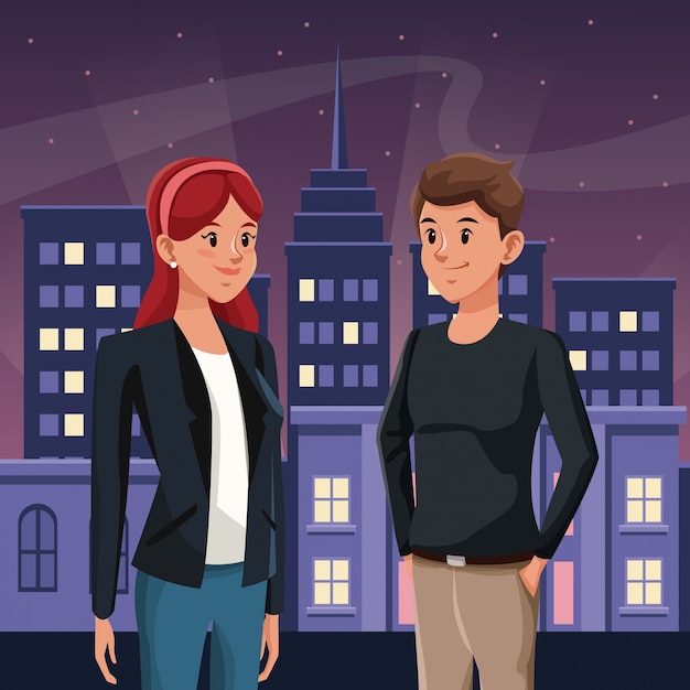 Guy and girl in town - night city buildings with stars