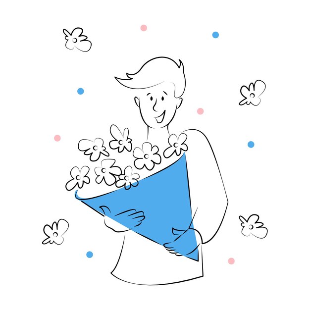 guy gives a bouquet of flowers with a smile on his face, contour drawing, vector illustration