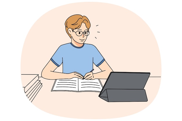 Guy in glasses sit at desk studying online on table Student handwriting in notebook learning on internet on gadget Remote education Vector illustration