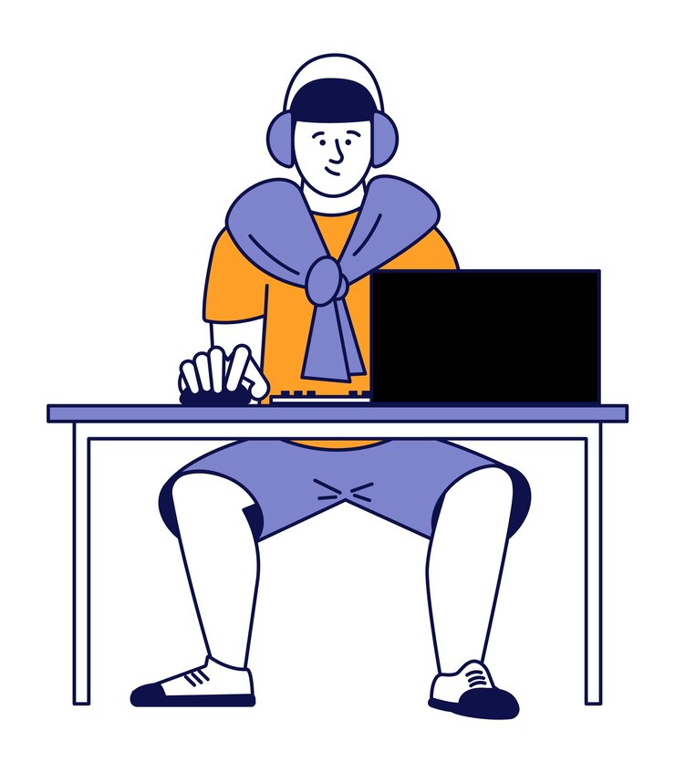 Vector 컴퓨터에서 작업 하는 헤드셋에 남자입니다. 게임을 하는 소년. 벡터 일러스트 레이 션