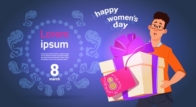 Guy Hold Presnt Box voor Happy International Women Day 8 maart vakantie wenskaart op sjabloon achtergrond