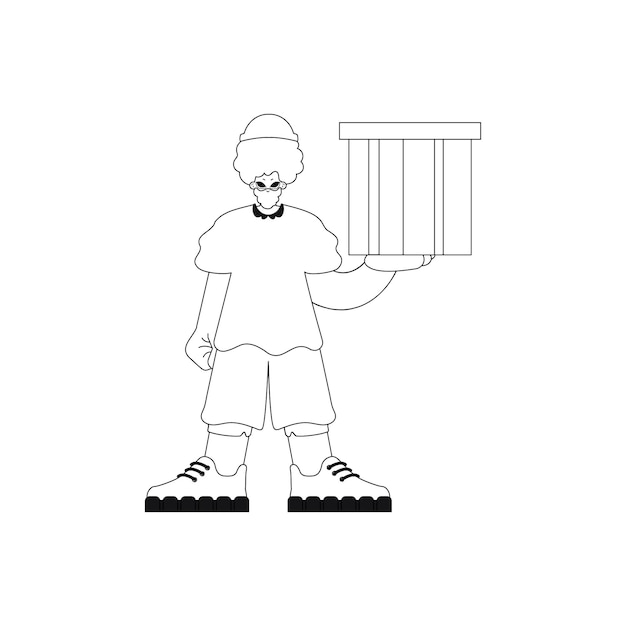 Guy holds box. Parcel delivered. Linear vectored illustration.