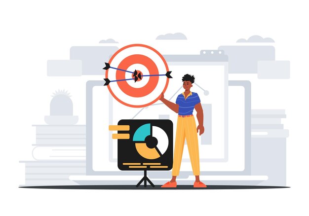 Vector the guy holds in his hand a target with arrow that hit the condense digital overlie concept trendy style vector illustration