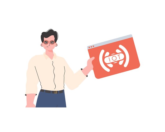 The guy holds the IoT logo in his hands IOT and automation concept Isolated Vector illustration in trendy flat style