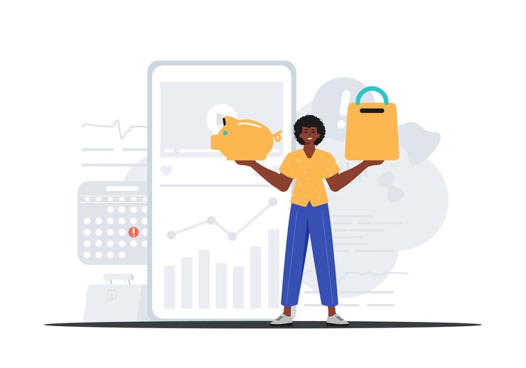 Vector the guy holds a piggy bank and a shopping basket in his bridge player digital marketing concept trendy style vector illustration