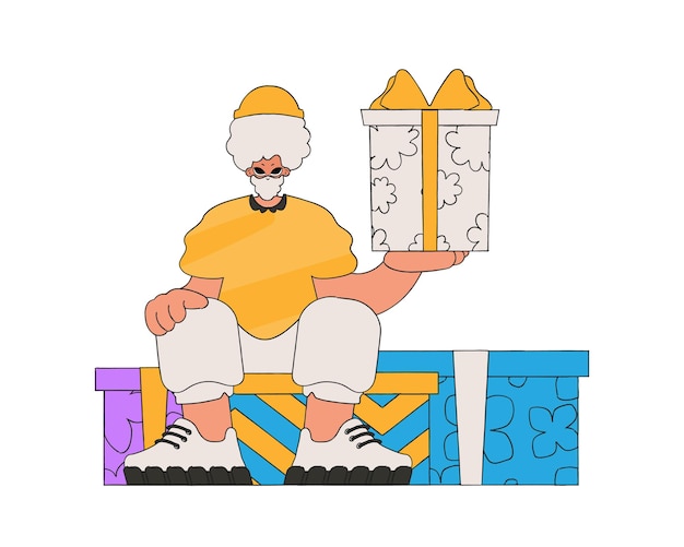 Vector the guy holds two gifts in his hands a man sits on gift boxes the concept of the holiday and gifts 90s style