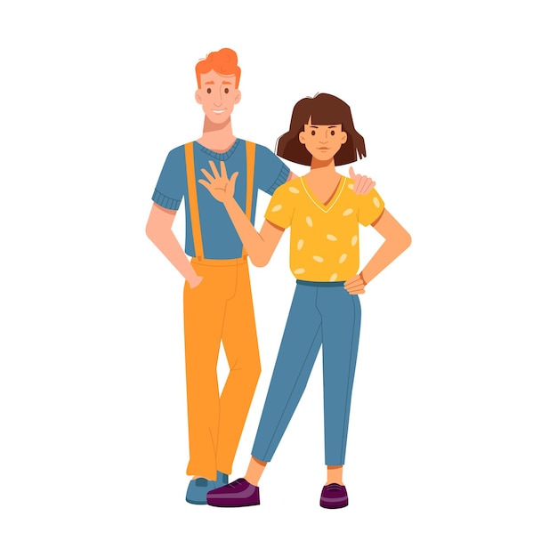 Vector guy hugs girl by shoulder girl waving hand and greeting people isolated characters in flatcartoon