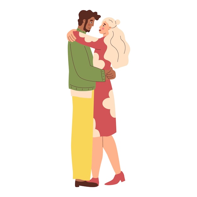 The guy hugs the girl Protecting a loved one Hugging love relationship A couple of lovers Warm relations between people Love for your neighbor Vector illustration in flat style Isolated