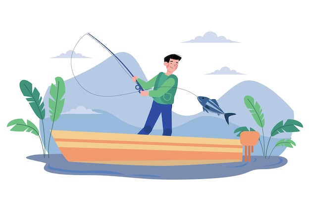 the guy is fishing on the boat