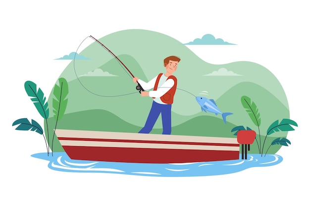 the guy is fishing on the boat