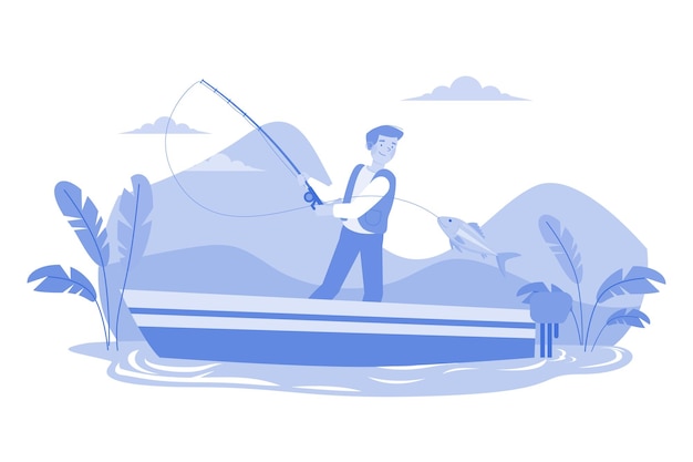 the guy is fishing on the boat