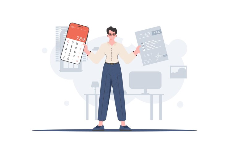 Vector the guy is holding a calculator and a tax form in his hands the concept of payment and calculation of taxes trend style vector illustration