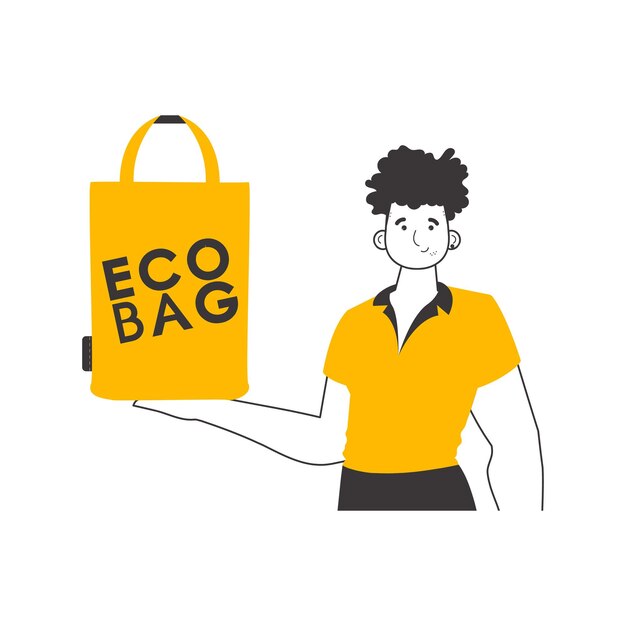 Vector the guy is holding an eco package in his hands ecology conservation concept linear modern style