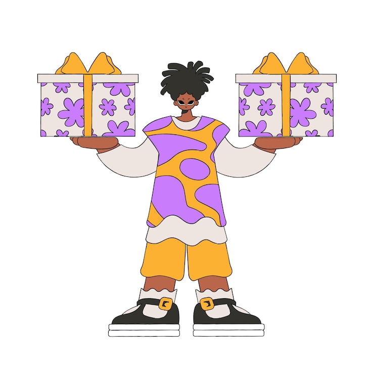 Vector the guy is holding gifts the concept of the holiday and gifts character in the style of the 80s and 90s