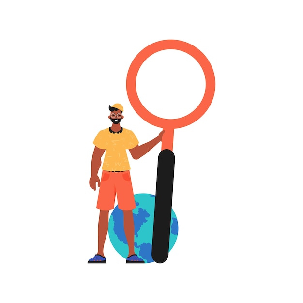 Vector the guy is holding a gust up sector field looking glass in his handwrite trendy style vector illustration