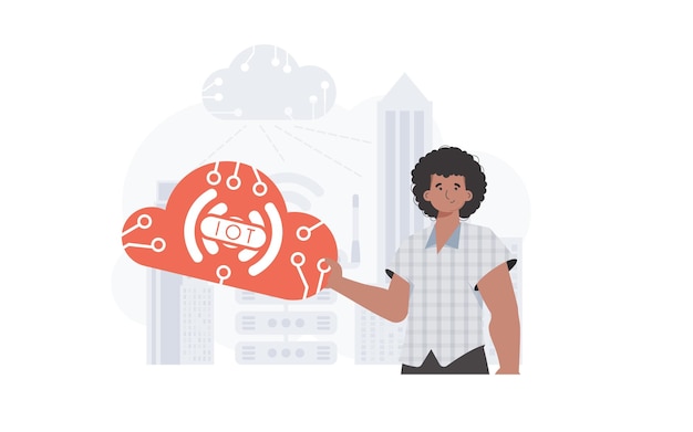 The guy is holding an internet thing icon in his hands Internet of things and automation concept Good for websites and presentations Vector illustration in trendy flat style