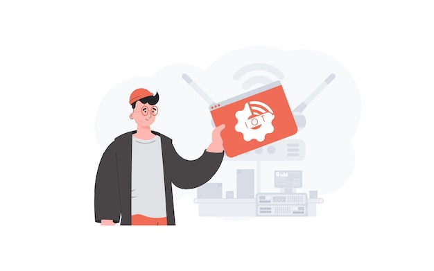 The guy is holding an internet thing icon in his hands Internet of things concept Good for presentations and websites Vector illustration in flat style