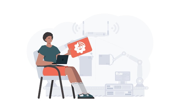 The guy is holding an internet thing icon in his hands Internet of things concept Good for websites and presentations Vector illustration in trendy flat style