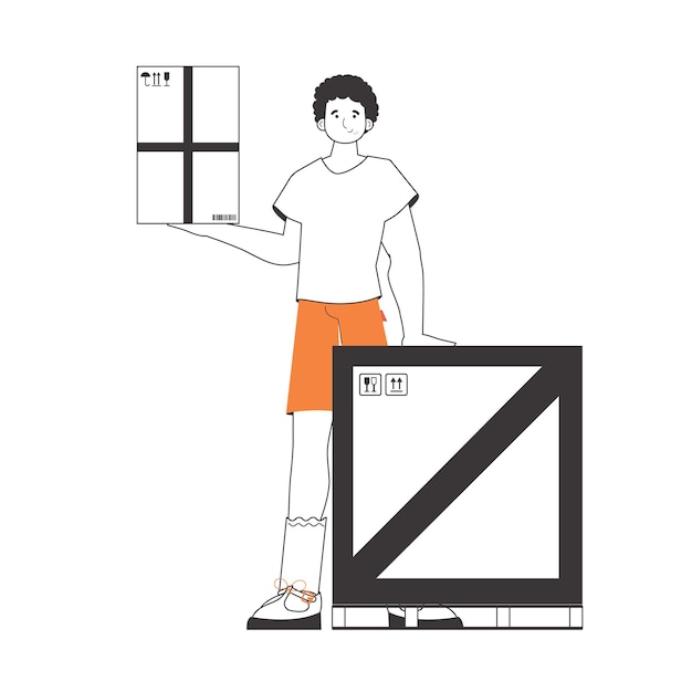 Парень держит посылку. Поставщик посылок. Линейный современный стиль. Изолированный на белом фоне. Векторная иллюстрация.
