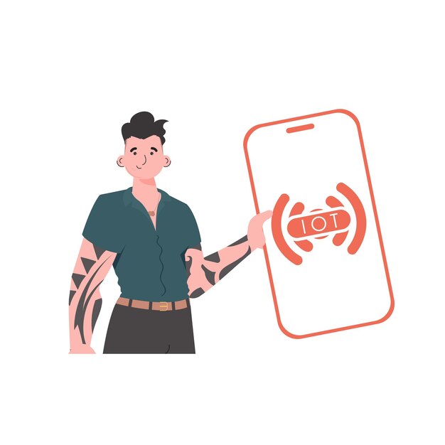 The guy is holding a phone with the IoT logo in his hands IoT concept Vector illustration in trendy flat style