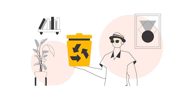 The guy is holding a trash can Waste recycling concept Lineart trendy style