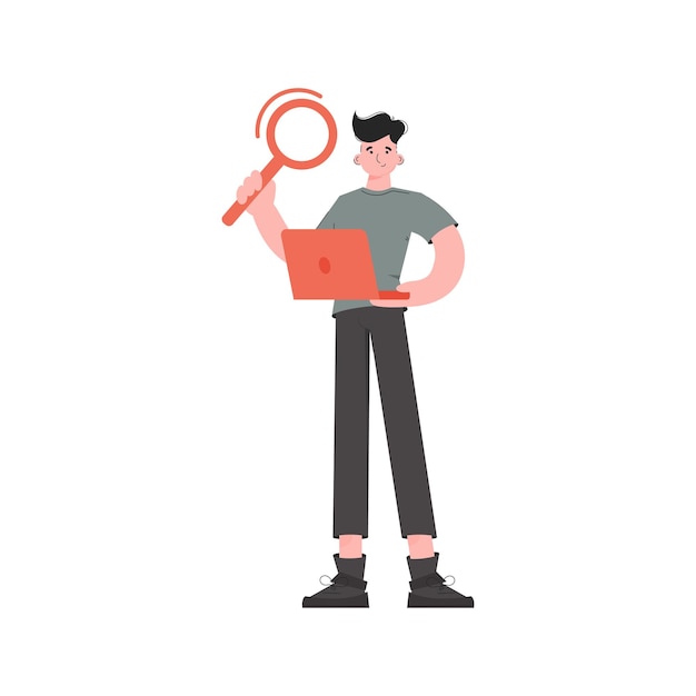 The guy is standing in full growth holding a magnifying glass Isolated Element for presentations sites