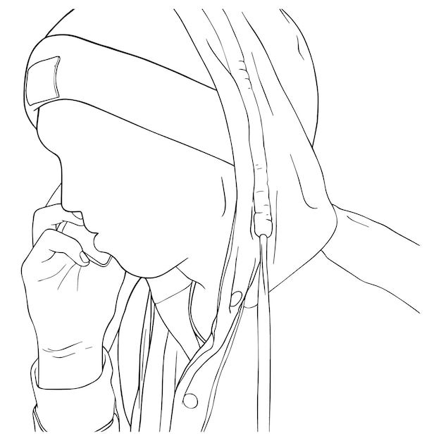 The guy is talking with the phone in his hand with a hat on his head with a jacket with a hood doodle linear cartoon