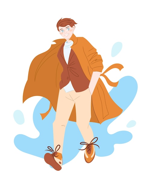 The guy is walking The boy is stylishly dressed in a brown coat belt brown sneakers beige jeans a jacket and a white shirt Vector illustratoin in flat style on a white background