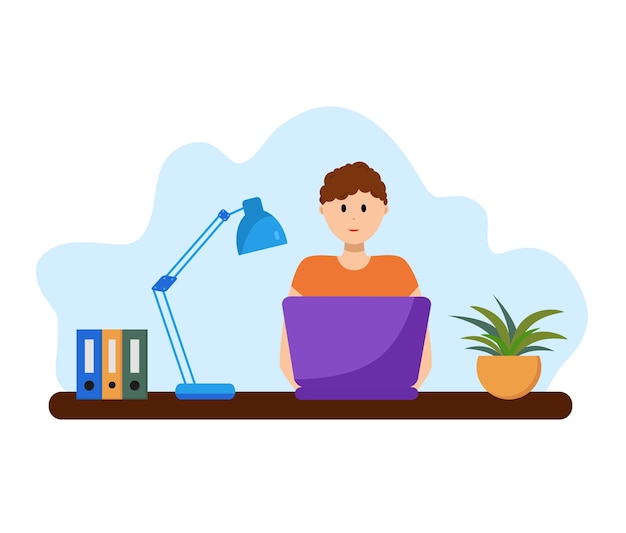 the guy is working on a laptop. sits by the table. near folders, a lamp and a flower in a pot.
