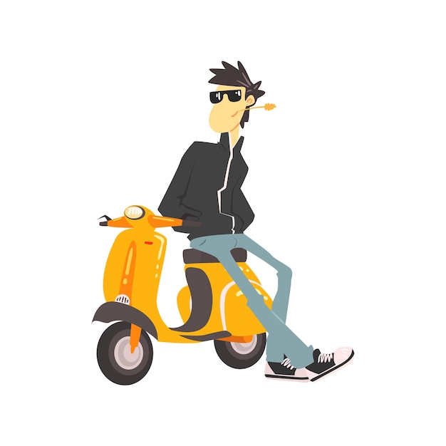 Guy In Leather Jacket Leaning On Scooter Flat Isolated Vector Simple Drawing On White Background In Cartoon Style