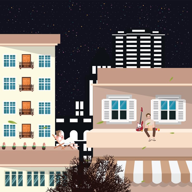 Vector a guy listens to music and drinks on the roof of a highrise building enjoys the moment